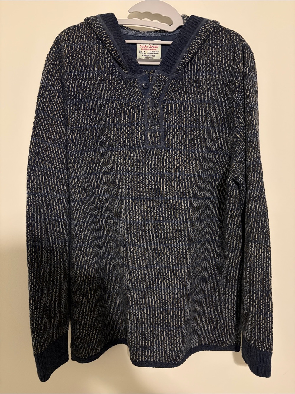 Lucky Brand Navy and Cream Marled Shawl-Collar Knit Pullover